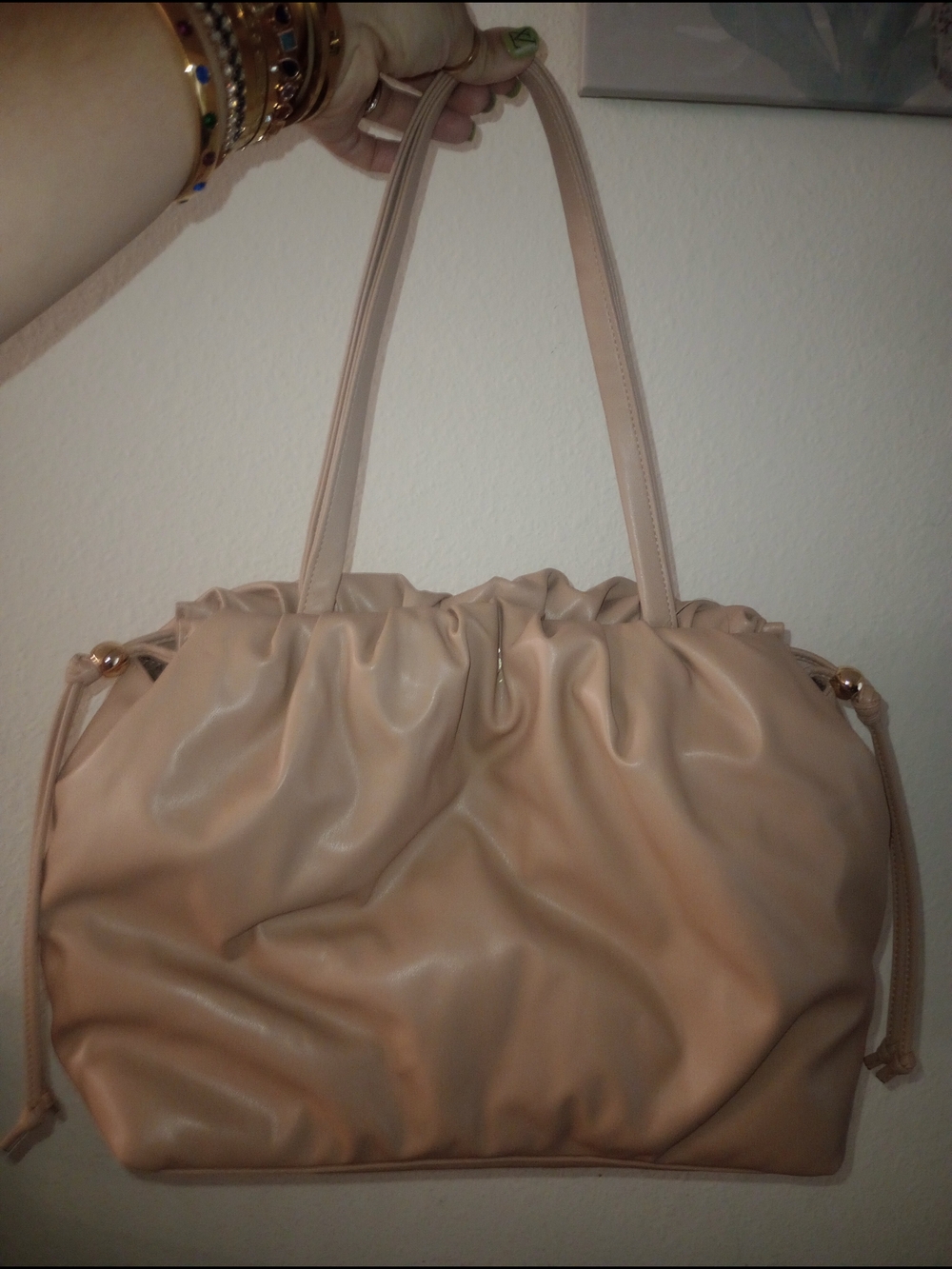 Beige Puffed Shoulder Bag with Gold Hardware